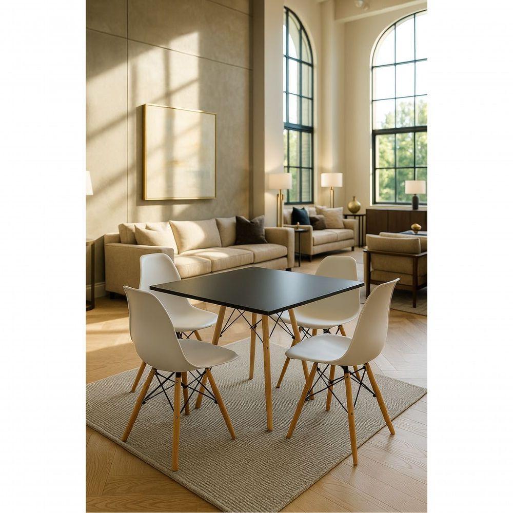 Conjunto Cozinha Sala Jantar Mesa Eiffel Quadrada 80cm Preta Com 4 Cadeiras Eiffel Eames Branca - 1