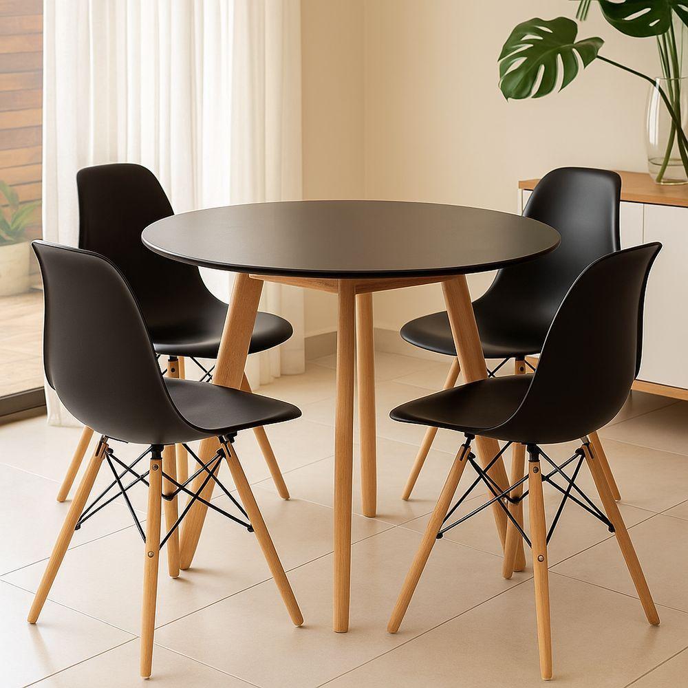 Jogo Cozinha Sala Jantar Mesa Leda 80cm Redonda Com 4 Cadeiras Eiffel Eames Cor Preto - 1