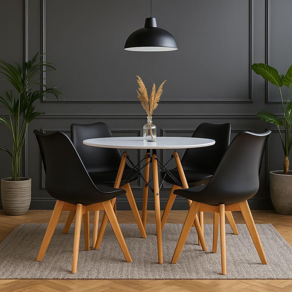 Jogo Cozinha Sala Jantar Mesa Redonda Moderna 100cm Eiffel Cor Branco Com 4 Cadeiras Leda Wood Cor Preto - 1