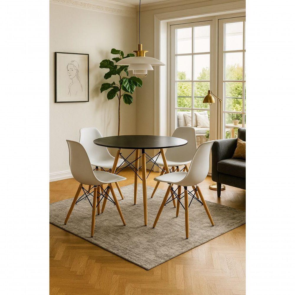 Conjunto Mesa Jantar Redonda Eiffel Mdf Branco 80cm Com 4 Cadeiras Charles Eames Pretas Elegante - 1
