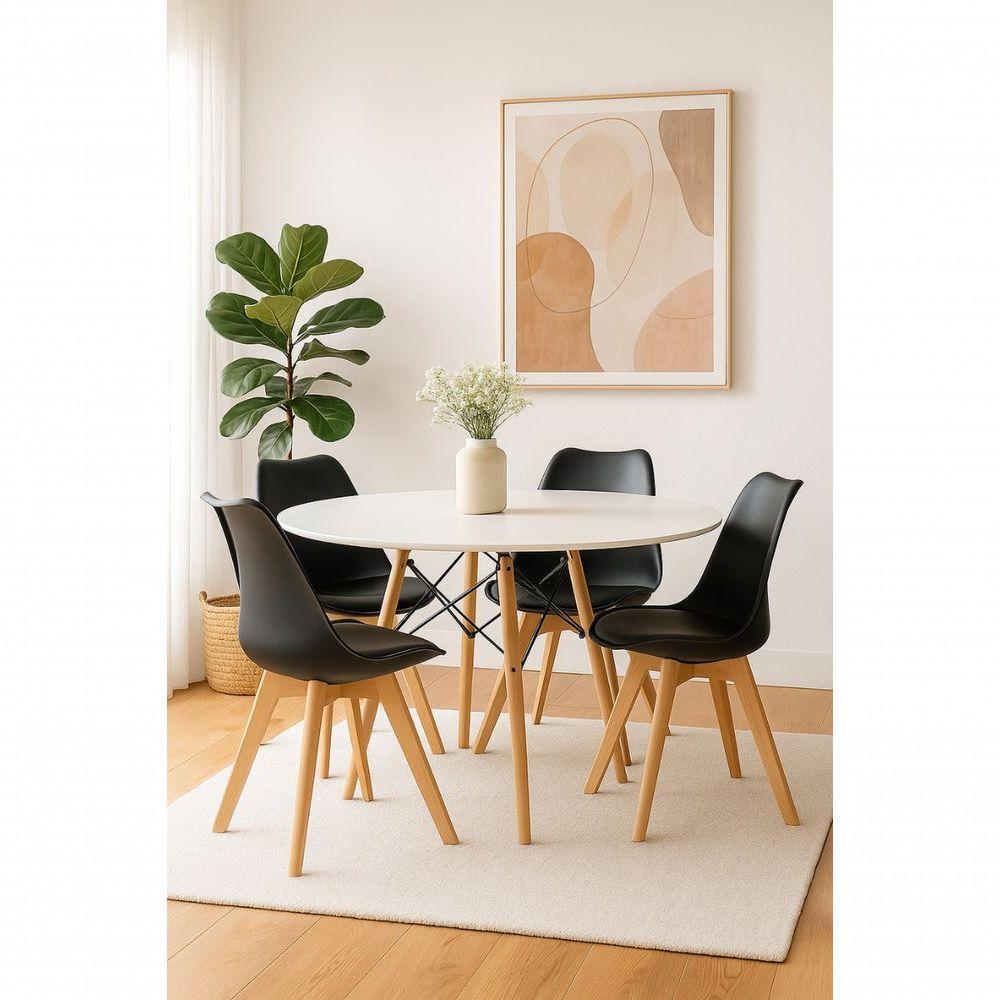 Jogo Mesa De Jantar Sala Cozinha Redonda Mdf 110cm Eiffel Branco E 4 Cadeiras Leda Wood Preta - 1