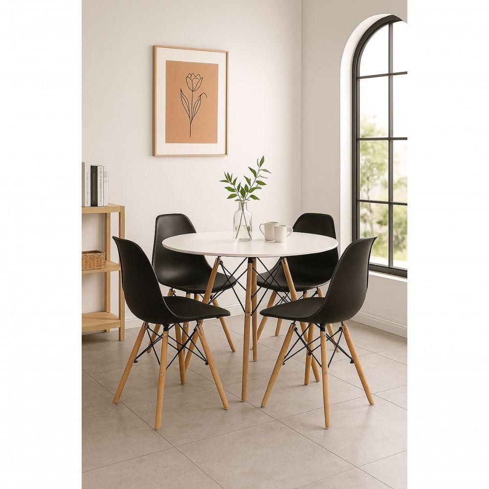 Conjunto Mesa Jantar Sala Cozinha Redonda Eiffel Mdf Branco 90cm E 4 Cadeiras Charles Eames Pretas Sofisticada - 1