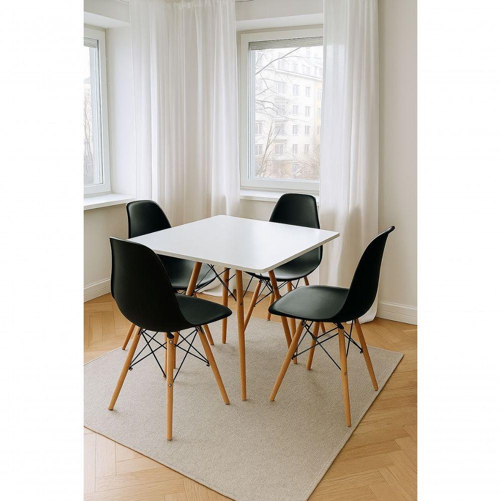 Conjunto Mesa Jantar Quadrada Eiffel Mdf Branco 80cm Com 4 Cadeiras Charles Eames Pretas - 1