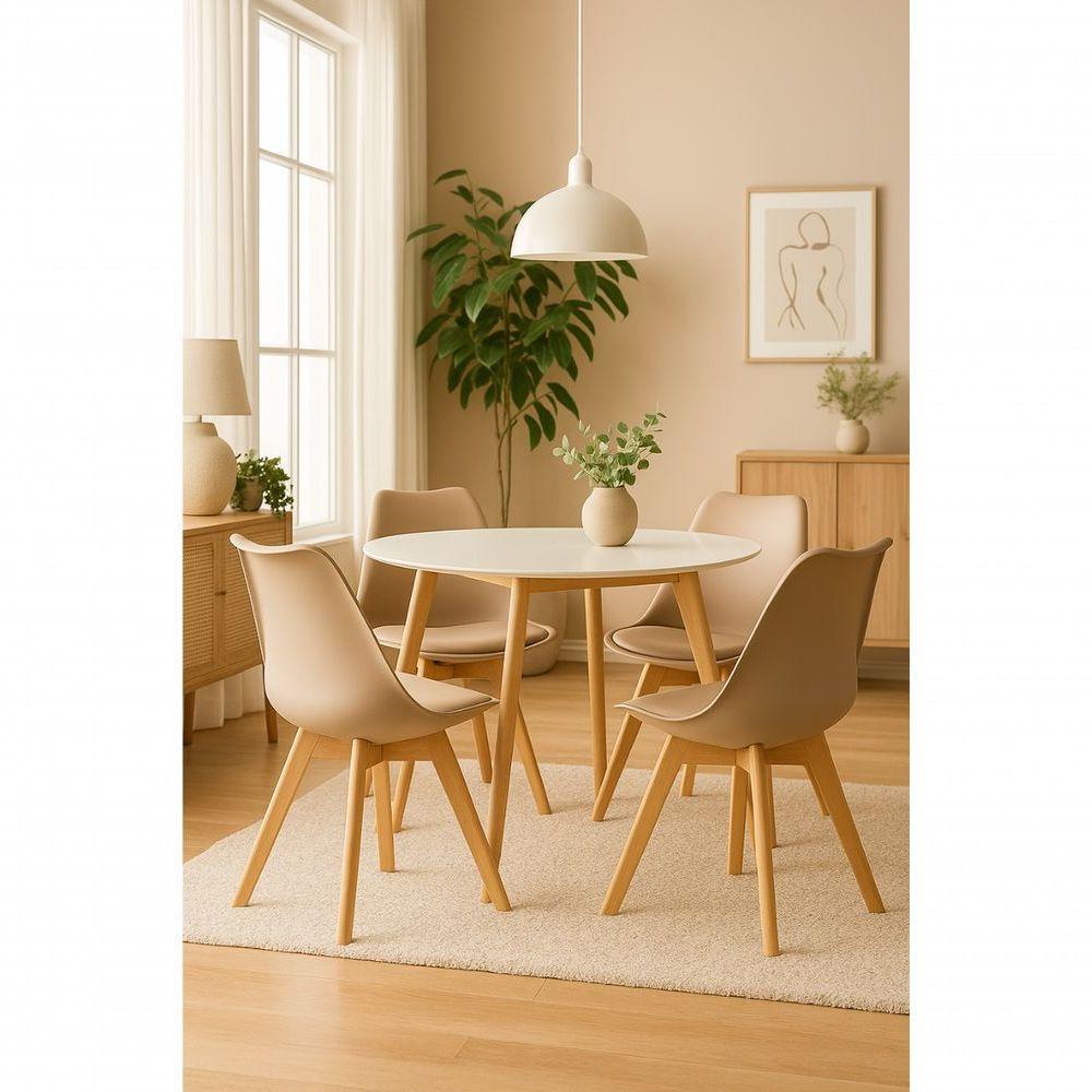 Conjunto Mesa 80cm Branca Mdf Com 4 Cadeiras Estofadas Bege – Perfeita Para Ambientes Modernos - 1