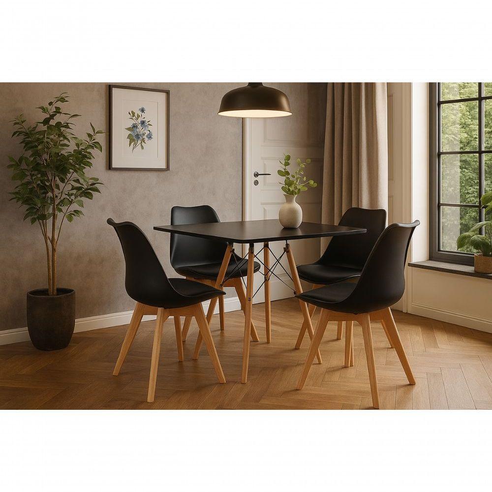 Mesa Eiffel Eames Elegante Cozinha Sala Jantar 80cm Quadrada E 4 Cadeiras Leda Wood Cor Preto - 1