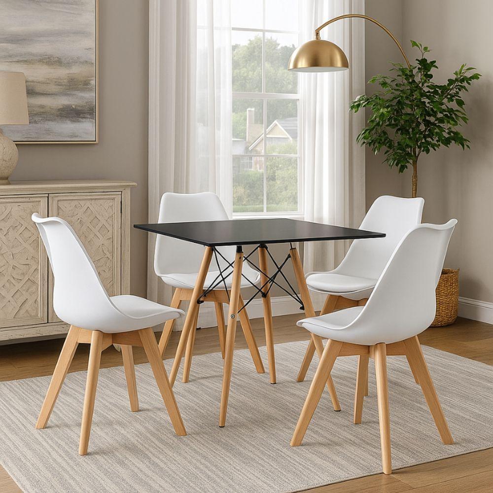 Mesa Moderna Quadrada Eiffel Eames 90cm Preta E 4 Cadeira Leda Ergonomica Moderna Branca - 1