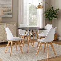Mesa Moderna Quadrada Eiffel Eames 90cm Preta E 4 Cadeira Leda Ergonomica Moderna Branca - 1