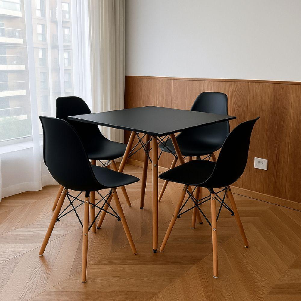 Mesa Elegante Eiffel Eames Preta Quadrada 90cm Com 04 Cadeiras Eiffel Preto - 1