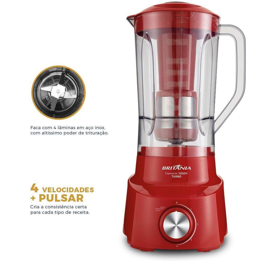 Liquidificador Britânia Diamante Vermelho 4 Velocidades 1050W 110V - 2