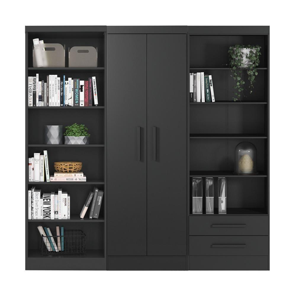 Conjunto De Livreiros 3 Módulos Com 2 Portas E 2 Gavetas Preto Fosco - Qmovi Preto Fosco - 1