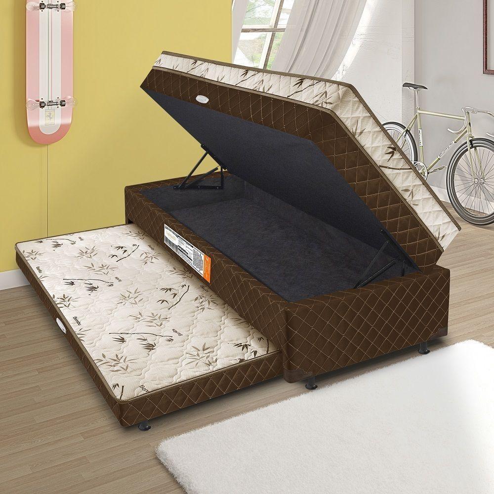 Cama Box Baú Solteiro Conjugada Com Mola Com Cama Auxiliar - Marrom - 1