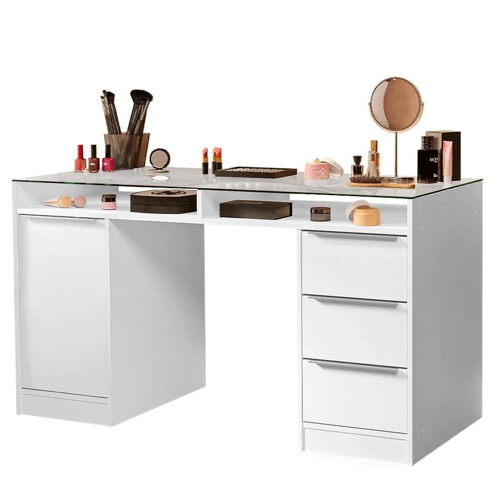Escrivaninha Penteadeira 136cm 1 Porta 3 Gavetas Tampo De Vidro Madesa Branco - 2
