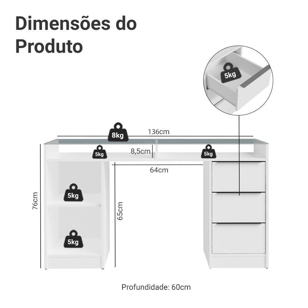 Escrivaninha Penteadeira 136cm 1 Porta 3 Gavetas Tampo De Vidro Madesa Branco - 3