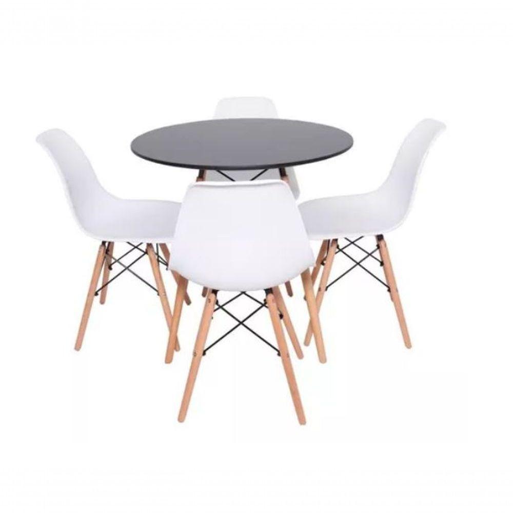 Conjunto De Mesa De Jantar Eames Eiffel Redonda 110cm Tampo De Madeira Preto Com 4 Cadeiras Brancas - 1