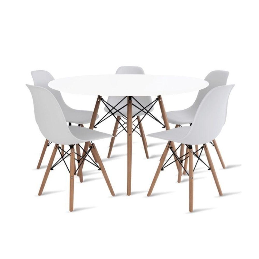 Conjunto De Mesa De Jantar Eames Eiffel Redonda 100cm Tampo De Madeira Com 5 Cadeiras - Branco - 1