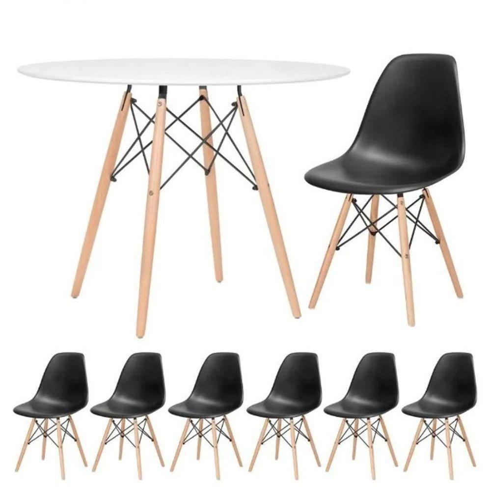 Conjunto De Mesa De Jantar Eames Eiffel Redonda 120cm Tampo De Madeira Branco Com 6 Cadeiras Pretas - 1