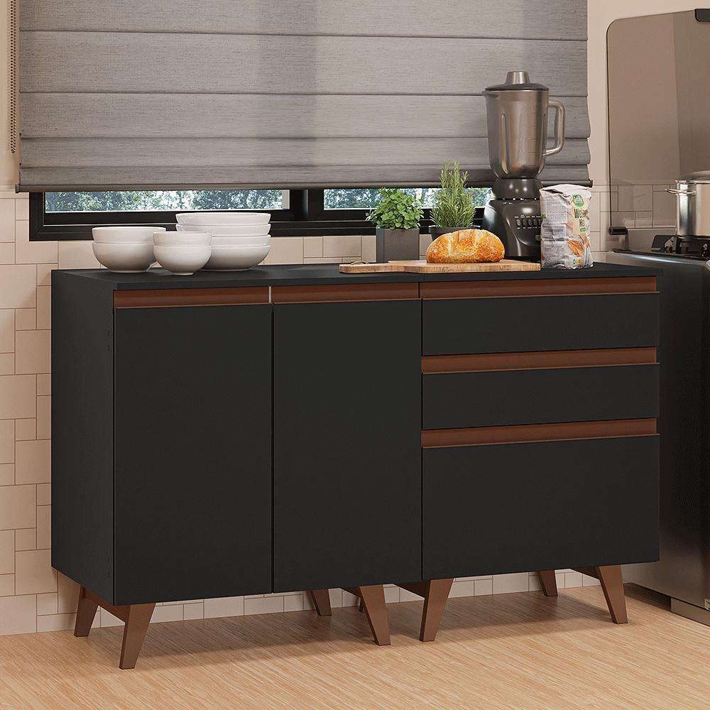 Kit Com Dois Balcões De Cozinha 2 Portas 3 Gavetas (com Tampo) Preto Reims Madesa Preto - 1
