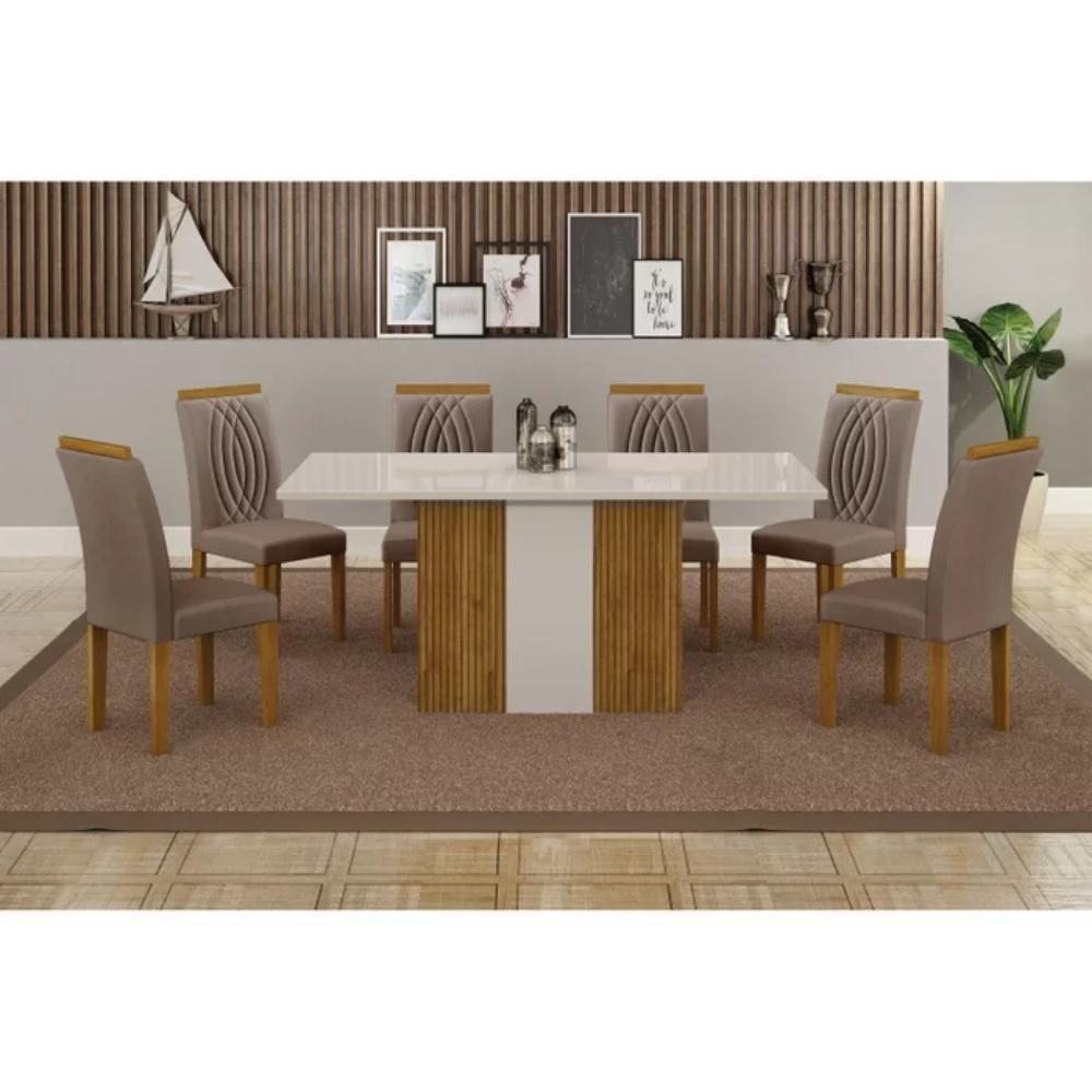 Conjunto De Mesa De Jantar Doha Off White E Freijó E 6 Cadeiras Juli Camurça - 8