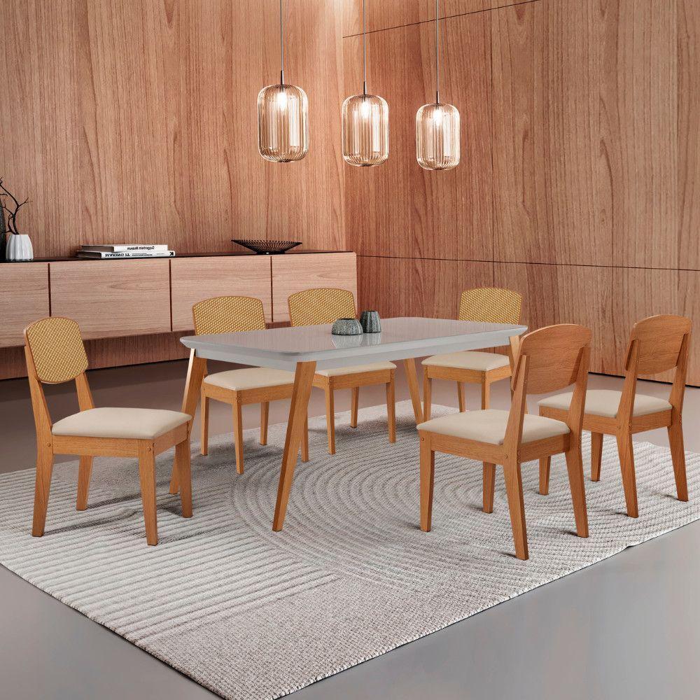 Mesa De Jantar Copper 180cm Tampo Mdf Vidro 6 Cadeiras Veludo Creme /off /naturale /serig Off - 1