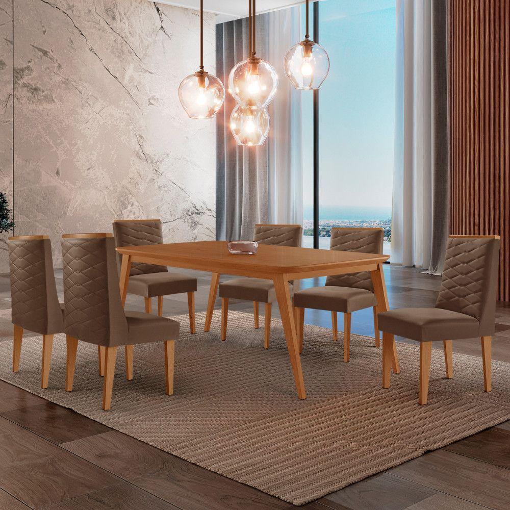 Mesa De Jantar Copper 180cm Tampo Mdf Com 6 Cadeiras Moderna Veludo Marrom/naturalle/naturalle - 1