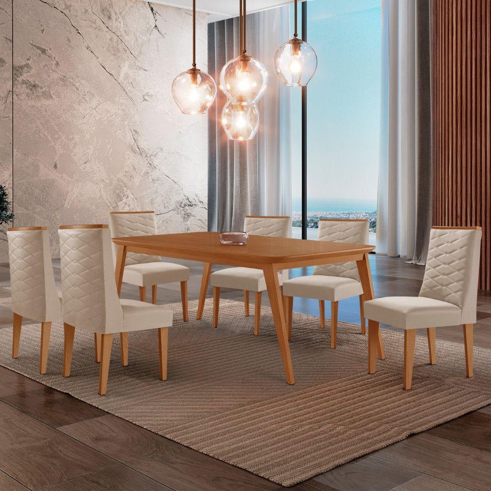 Mesa De Jantar Copper 180cm Tampo Mdf Com 6 Cadeiras Moderna Veludo Creme/naturalle/naturalle - 1