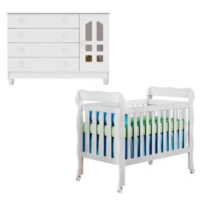 Berço Americano e Cômoda Lila Gran Selena 1 Porta 4 Gavetas MDF 154 cm Branco Carolina