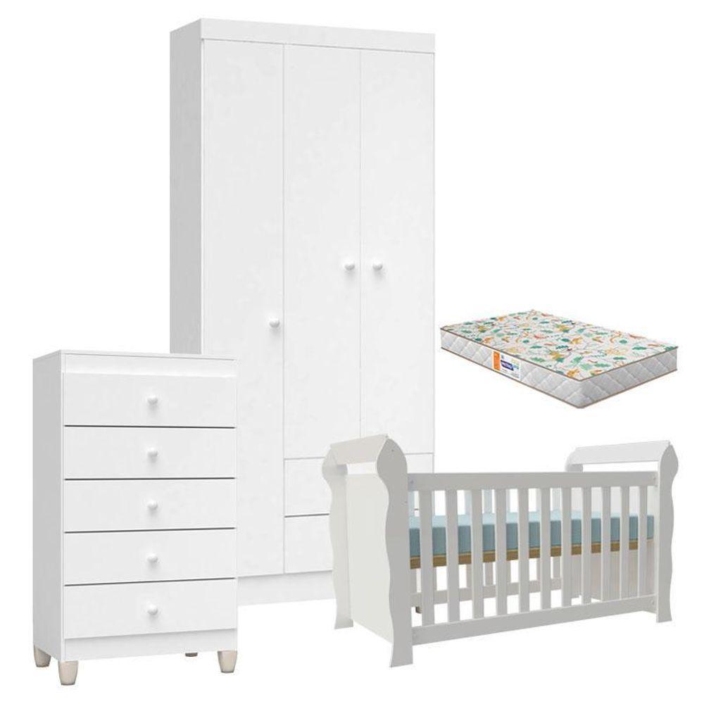 Quarto De Bebê 3 Portas Com Gaveteiro Ternura Baby E Berço Lara Branco Brilho Com Colchão Gazin - Incorplac - 1