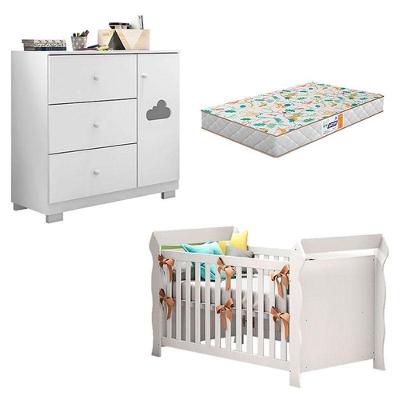 Berço Americano Lara com Cômoda Infantil Ane em MDF e Colchão Incluso Branco