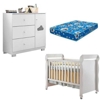 Berço Americano Mirelle em MDF com Colchão Incluso e Cômoda Infantil Ane Branco Brilho