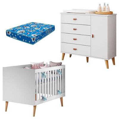 Berço Americano com Cômoda Infantil Ludmila Duda 1 Porta 4 Gavetas MDF MDP 133 cm Branco Carolina