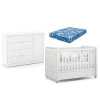 Berço Americano Com Capitonê New Boucle E Cômoda Infantil Tutto New Branco Acetinado E Colchão Ortobom - Matic - 1