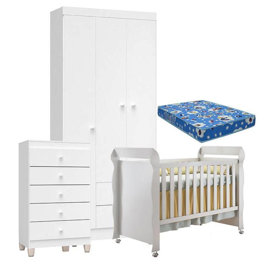 Quarto De Bebê 3 Portas Com Gaveteiro Ternura Baby E Berço Mirelle Branco Brilho Com Colchão - Incorplac - 1