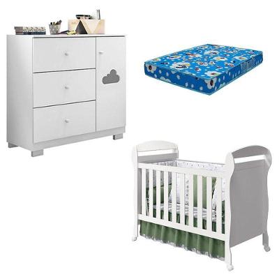 Conjunto Berço Americano Danny com Cômoda Ane em MDF e Colchão Incluso Branco Brilho