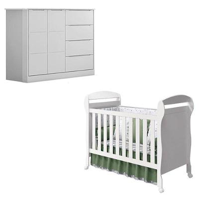 Conjunto Berço Americano Danny e Cômoda Infantil Eloá em MDF Branco com Grade Fixa