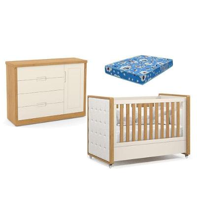 Kit Berço Americano com Capitonê e Cômoda Tutto New 1 Porta 4 Gavetas MDF 140 cm Off White Matic