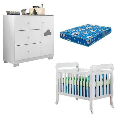 Conjunto Berço Americano Lila e Cômoda Ane em MDF com Colchão Incluso Branco Brilho