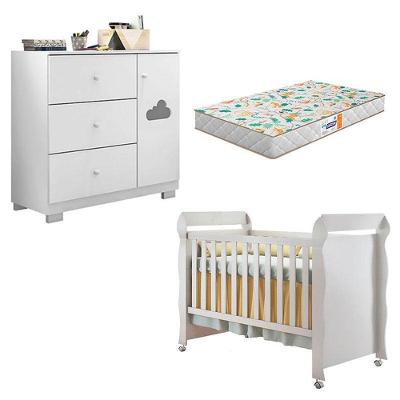 Berço Americano Mirelle e Cômoda Ane 1 Porta 3 Gavetas 100% MDF 154 cm Branco Phoenix Baby