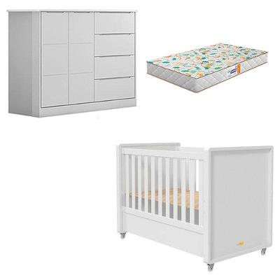 Conjunto Berço Americano Tutto New e Cômoda Eloá em MDF com Colchão Incluso Branco
