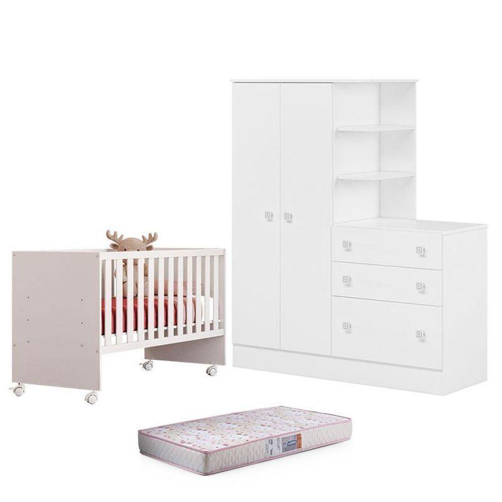 Berço Nacional 3540 E Guarda Roupa Com Cômoda 4070 Doce Sonho Branco Brilho E Colchão Gazin – Qmovi - 1