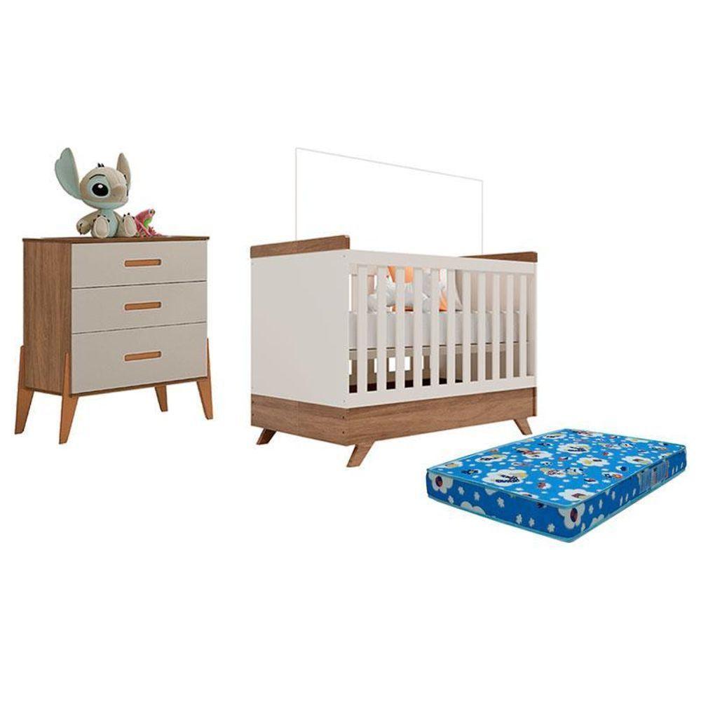 Berço Americano Retro Vitória E Cômoda Gaveteiro Infantil Emilly Off White Carvalho Com Colchão Ortobom - Canaã - 1