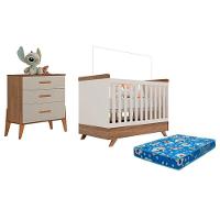 Berço Americano Retro Vitória E Cômoda Gaveteiro Infantil Emilly Off White Carvalho Com Colchão Ortobom - Canaã - 1