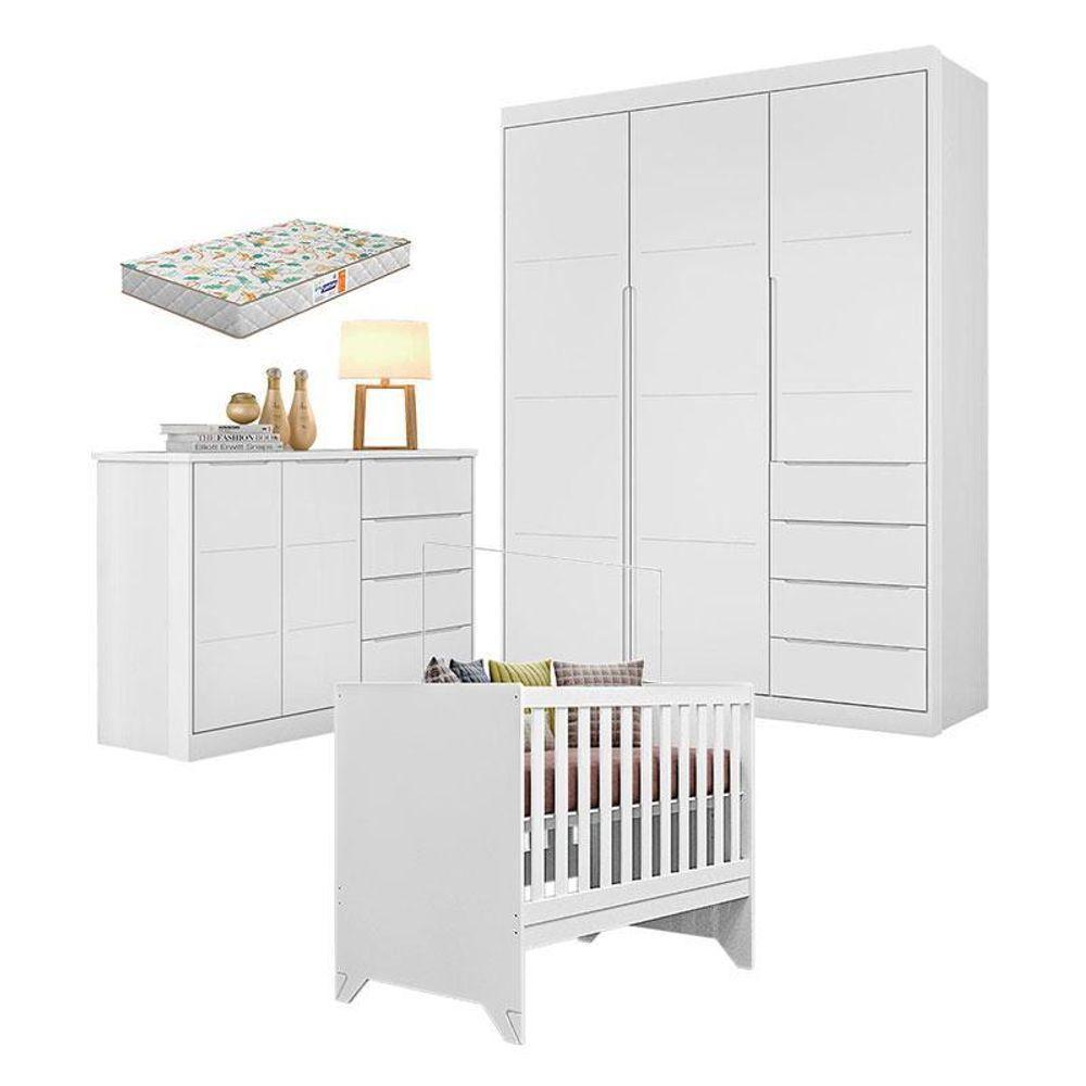 Quarto De Bebê Blenda Com Berço Americano Maya Branco Acetinado Com Colchão Gazin - Phoenix Baby - 1
