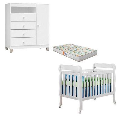Berço Americano Lila em MDF com Colchão Incluso Branco Brilho com Cômoda Infantil
