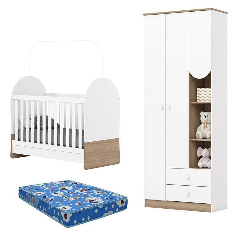 Guarda Roupa 3 Portas E Berço Mini Cama Magia Branco Jequitibá Hp Com Colchão 130x60 Tend Tudo Móveis - Henn - 1