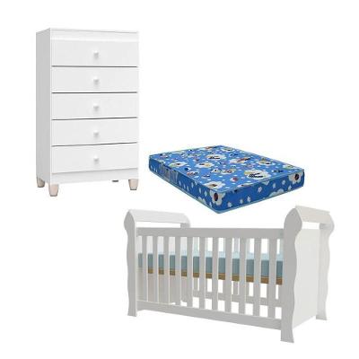 Berço Americano Lara com Cômoda Gaveteiro Mdf Mdp com Colchão Incluso Branco Brilho