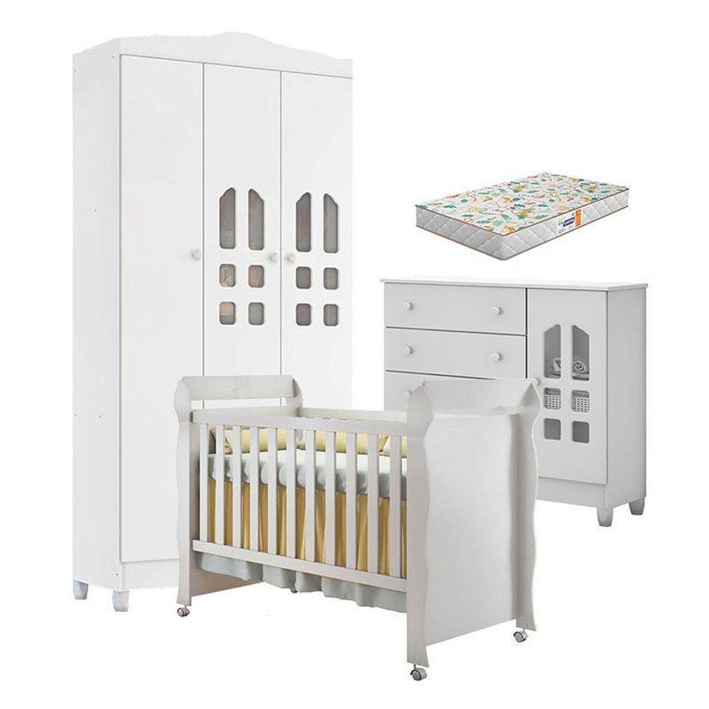 Quarto De Bebê New Selena 3 Portas Com Cômoda Selena E Berço Mirelle Branco Brilho E Colchão Gazin – Carolina Móveis - 1