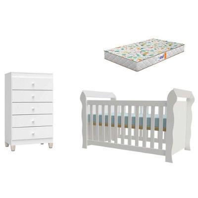 Berço Americano Lara com Colchão Gazin e Cômoda Gaveteiro Ternura Baby Branco Incorplac