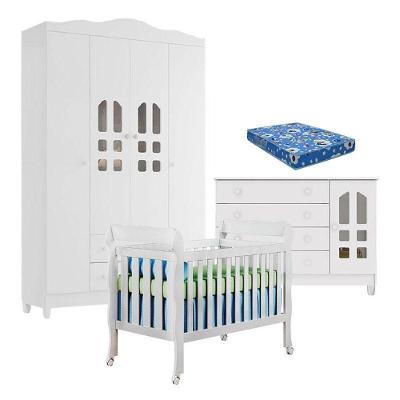 Quarto de Bebê New Selena com Berço Lila Cômoda Gran Selena e Colchão Ortobom Branco Carolina Baby