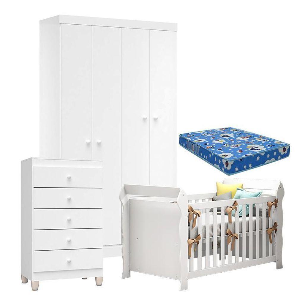 Quarto De Bebê 4 Portas Com Gaveteiro Ternura Baby E Berço Lara Branco Brilho Com Colchão - Incorplac - 1