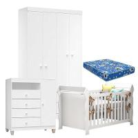 Quarto De Bebê 4 Portas Ternura Baby Com Berço Lara Branco Brilho Com Colchão Para Berço Americano - Incorplac - 1